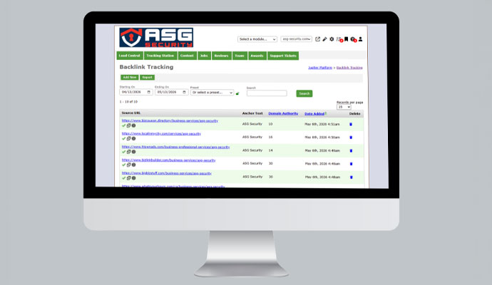 ASG tracking dashboard interface displaying backlink management reporting and digital monitoring tools on desktop screen