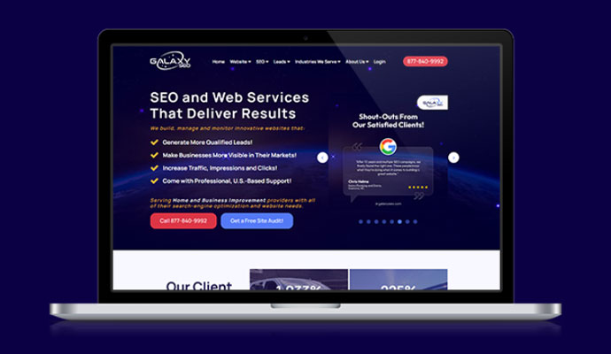 Galaxy SEO and web services website displayed on laptop screen