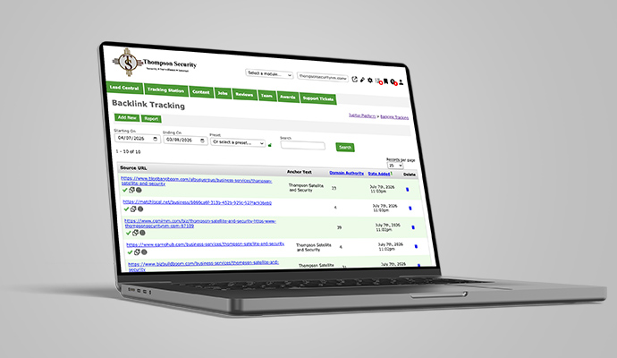 Thompson Security backlink tracking dashboard mockup