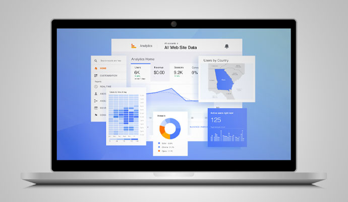 Website analytics dashboard displayed on laptop screen with charts, graphs and performance metrics